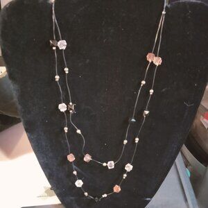 Double Strand Floating Bead Necklace Glass Bead Clear Amber Beads Black Cord